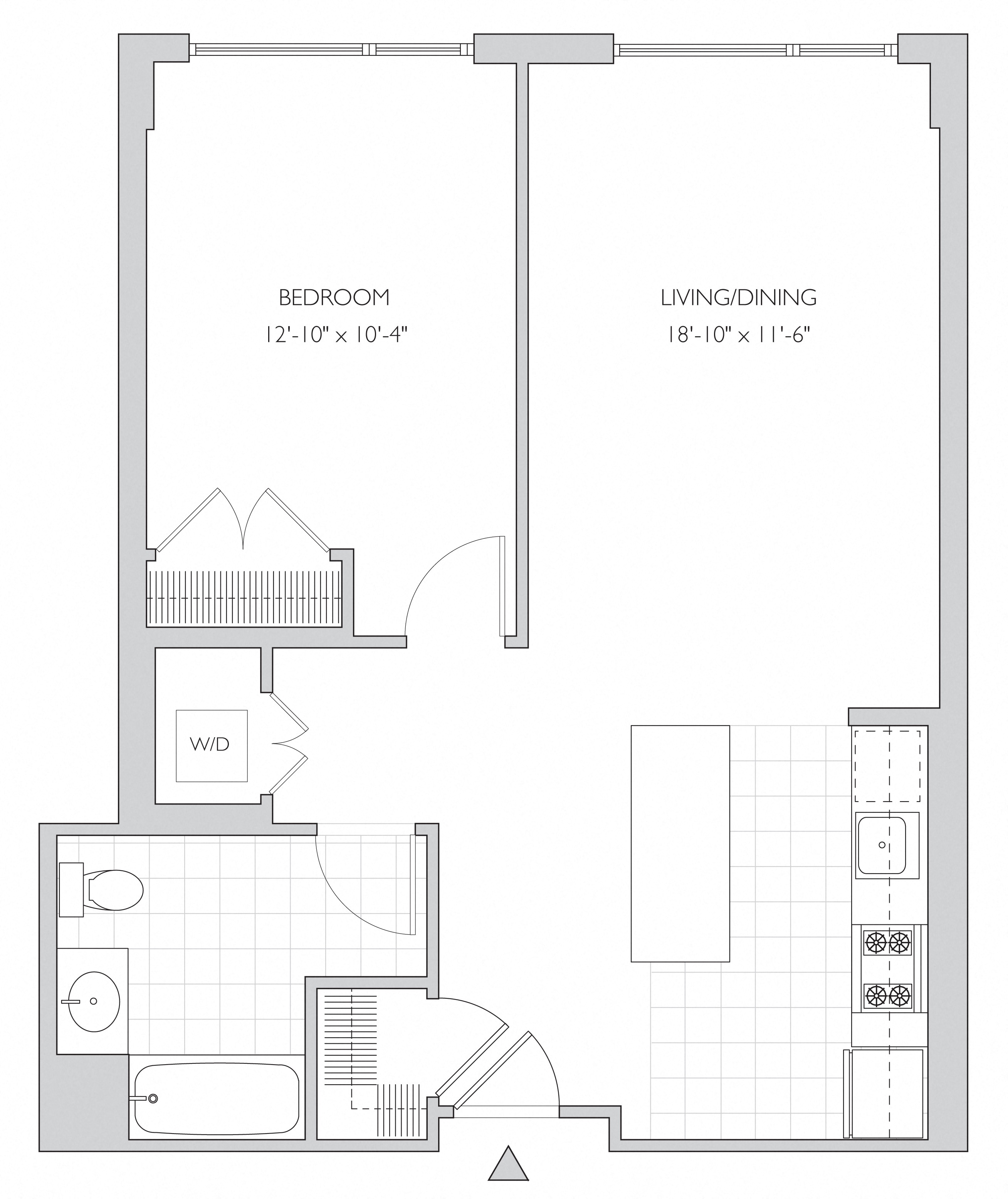 Floor plan for 1 bed, 1 bath, 808 sqft